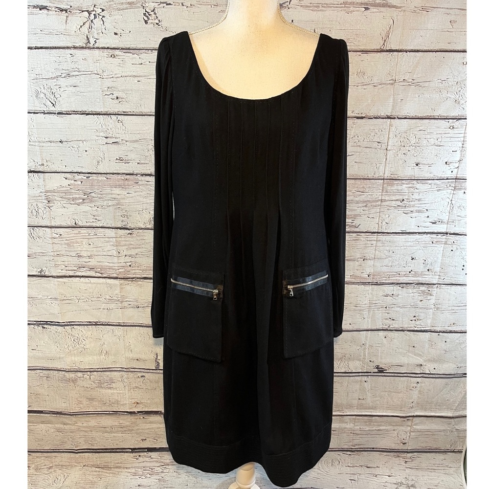PHOEBE COUTURE Dress Black Long Sleeve Wool Pleated Front & Zippered Pockets-14